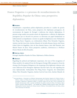 Franco Nogueira E O Processo De Reconhecimento Da 239 República Popular Da China: Uma Perspectiva Diplomática