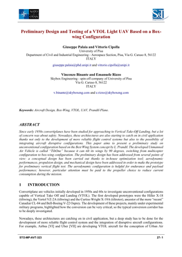 Preliminary Design and Testing of a VTOL Light UAV Based on a Box- Wing Configuration