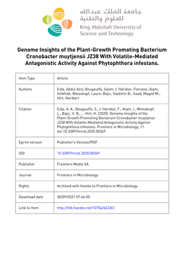 Genome Insights of the Plant-Growth Promoting Bacterium Cronobacter Muytjensii JZ38 with Volatile-Mediated Antagonistic Activity Against Phytophthora Infestans