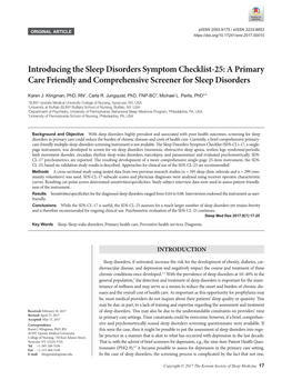 Introducing the Sleep Disorders Symptom Checklist-25: a Primary Care Friendly and Comprehensive Screener for Sleep Disorders