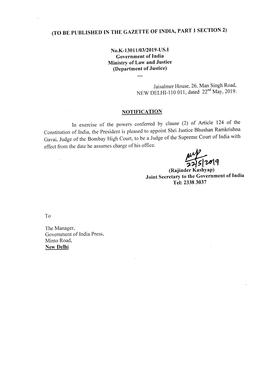 Orders of Appointment of Shri Justice Bhushan Ramkrishna Gavai, Judge