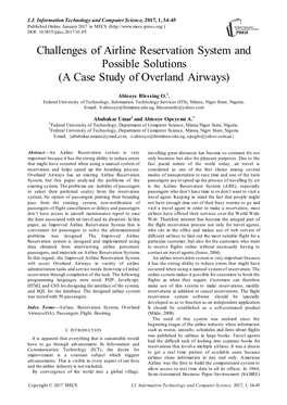 Challenges of Airline Reservation System and Possible Solutions (A Case Study of Overland Airways)