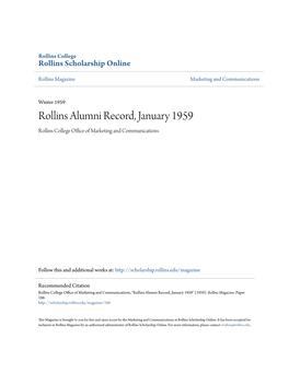 Rollins Alumni Record, January 1959 Rollins College Office Ofa M Rketing and Communications