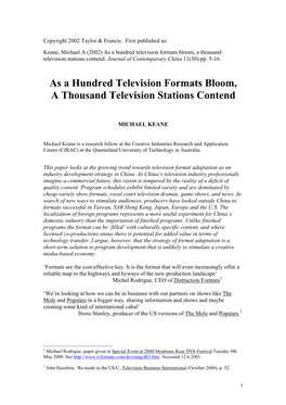 As a Hundred Television Formats Bloom, a Thousand Television Stations Contend