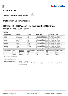 Cold Start Kit Installation Documentation Citroen: C3 / C4