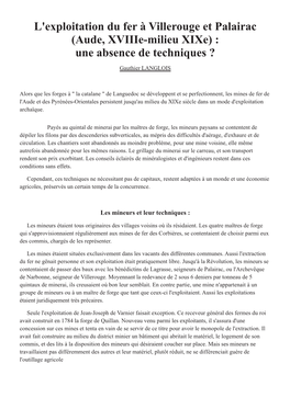 L'exploitation Du Fer À Villerouge Et Palairac (Aude, Xviiie-Milieu Xixe) : Une Absence De Techniques ?