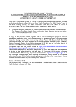 Sproxton and Croxton Kerrial & Branston in the Borough of Melton) (Imposition of a 50 Mph Speed Limit) Order 201