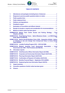 TABLE of CONTENTS 1. Attendances and Apologies