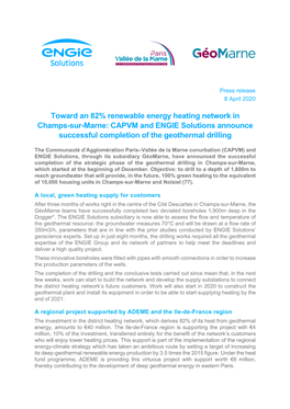 Toward an 82% Renewable Energy Heating Network in Champs-Sur-Marne: CAPVM and ENGIE Solutions Announce Successful Completion of the Geothermal Drilling