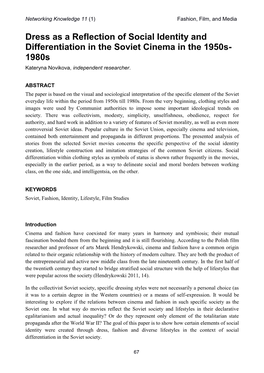 Dress As a Reflection of Social Identity and Differentiation in the Soviet Cinema in the 1950S- 1980S Kateryna Novikova, Independent Researcher