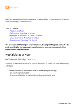 Nostalgia”? Find 10 Synonyms and 30 Related Words for “Nostalgia” in This Overview