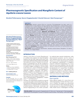 Pharmacognostic Specification and Mangiferin Content of Aquilaria Crassna Leaves