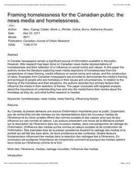 Framing Homelessness for the Canadian Public: the News Media and Homelessness