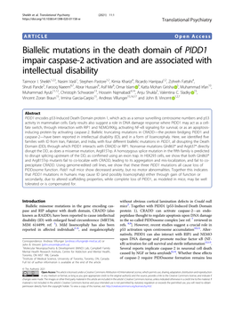 Biallelic Mutations in the Death Domain of PIDD1 Impair Caspase-2 Activation and Are Associated with Intellectual Disability Taimoor I