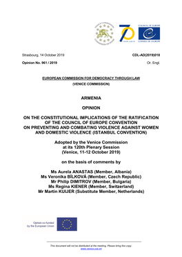 Armenia Opinion on the Constitutional Implications of the Ratification of the Council of Europe Convention on Preventing and C