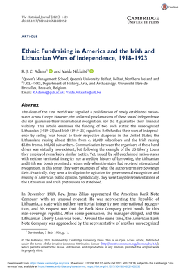 Ethnic Fundraising in America and the Irish and Lithuanian Wars of Independence, 1918–1923