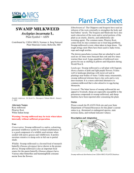 Swamp Milkweed, Asclepias Incarnata, Plant Fact Sheet