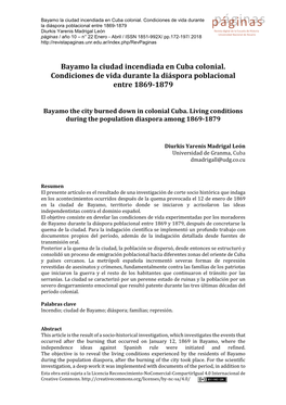 Bayamo La Ciudad Incendiada En Cuba Colonial. Condiciones De Vida