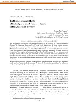 Problems of Economic Rights of the Indigenous Small-Numbered Peoples in the Krasnoyarsk Territory