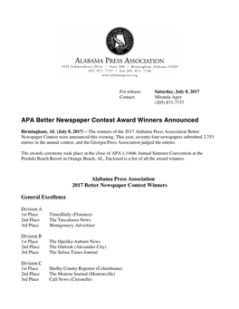 APA Better Newspaper Contest Award Winners Announced