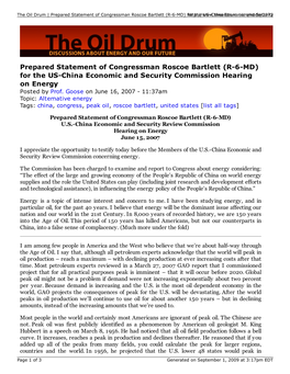 Prepared Statement of Congressman Roscoe Bartlett (R-6-MD) Fhotrt Pth:/E/ Wuws-Wc.Hthineao Ieldcrounmom.Coicm A/Nndo Dsee/C2u6r7it2y Commission Hearing on Energy