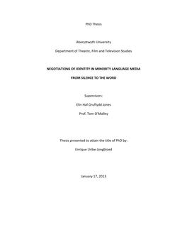 Phd Thesis Aberystwyth University Department of Theatre, Film And