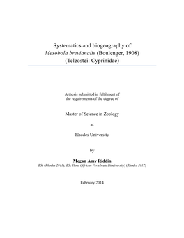 Systematics and Biogeography of Mesobola Brevianalis (Boulenger, 1908) (Teleostei: Cyprinidae)