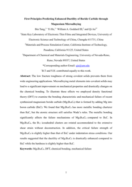 First Principles Predicting Enhanced Ductility of Boride Carbide Through Magnesium Microalloying Bin Tang,1+ Yi He,1+ William A