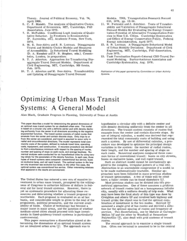 Optimizing Urban Mass Transit Systems: a General Model Alan Black, Graduate Program in Planning, University of Texas at Austin