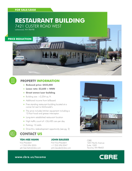 RESTAURANT BUILDING 7421 CUSTER ROAD WEST Lakewood, WA 98498