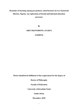 Dynamics of Learning Among Pre-Primary School Learners in Uyo Senatorial District, Nigeria: an Exploration of Formal and Informal Education Processes