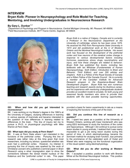 Bryan Kolb: Pioneer in Neuropsychology and Role Model for Teaching, Mentoring, and Involving Undergraduates in Neuroscience Research