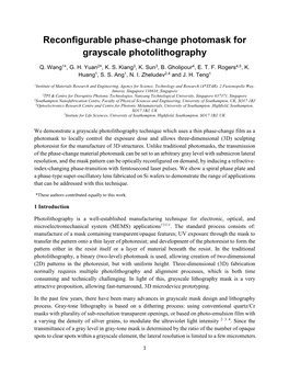 Reconfigurable Phase-Change Photomask for Grayscale Photolithography