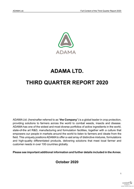 Adama Ltd. Third Quarter Report 2020