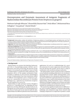 Overexpression and Enzymatic Assessment of Antigenic Fragments of Streptococcus Pyogenes Hyaluronidase Recombinant Protein From