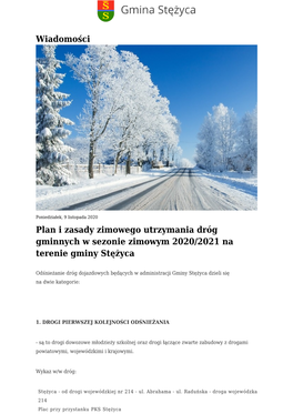 Plan I Zasady Zimowego Utrzymania Dróg Gminnych W Sezonie Zimowym 2020/2021 Na Terenie Gminy Stężyca