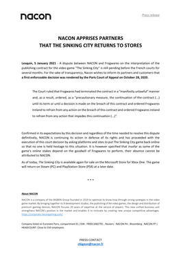 Nacon Apprises Partners That the Sinking City Returns to Stores