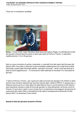 ITALRUGBY, GLI AZZURRI CONVOCATI PER I RADUNI DI PARMA E TREVISO Friday, 08 January 2021 18:07