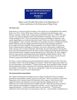 Report on the Possible Misconduct in the Department of Justice Interference in the Sentencing of Roger Stone