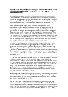 Rashi and His Daughters” in Judaism: a Quarterly Journal of Jewish Life and Thought January 1, 2005 Anton, Maggie (Author of Rashi’S Daughters)