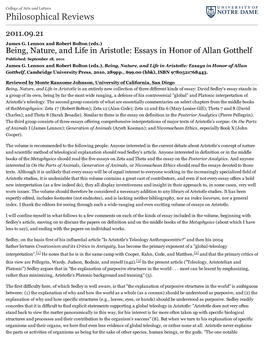 Being, Nature, and Life in Aristotle: Essays in Honor of Allan Gotthelf Published: September 18, 2011 James G