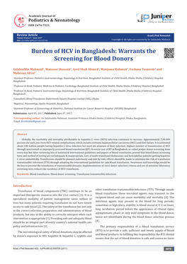 Burden of HCV in Bangladesh: Warrants the Screening for Blood Donors