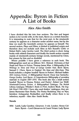 Appendix: Byron in Fiction a List of Books Alex Alec-Smith