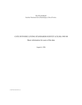 Côte D'ivoire Living Standards Survey (Cilss) 1985-88