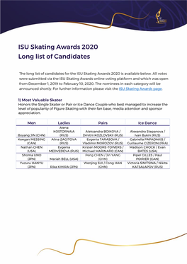 ISU Skating Awards 2020 Long List of Candidates