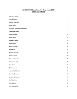 RADC ADEM Questionnaire Responses 2021 Table of Contents