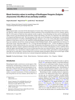 Blood Chemistry Values in Nestlings of Rockhopper Penguins (Eudyptes Chrysocome): the Efect of Sex and Body Condition