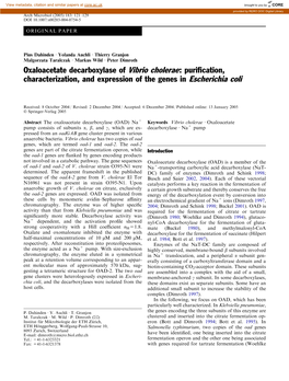 Oxaloacetate Decarboxylase of Vibrio Cholerae: Puriﬁcation, Characterization, and Expression of the Genes in Escherichia Coli