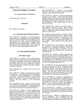 LEGISLATIVE ASSEMBLY of ALBERTA [The House Met at 2:30 P.M.] PRAYERS [Mr. Speaker in the Chair] Head: INTRODUCTION of SPECIAL GU