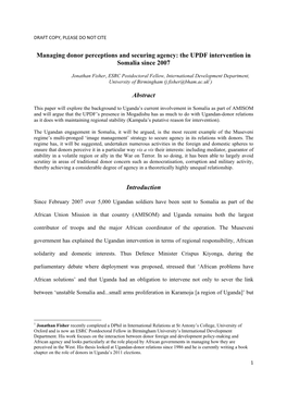 Managing Donor Perceptions and Securing Agency: the UPDF Intervention in Somalia Since 2007